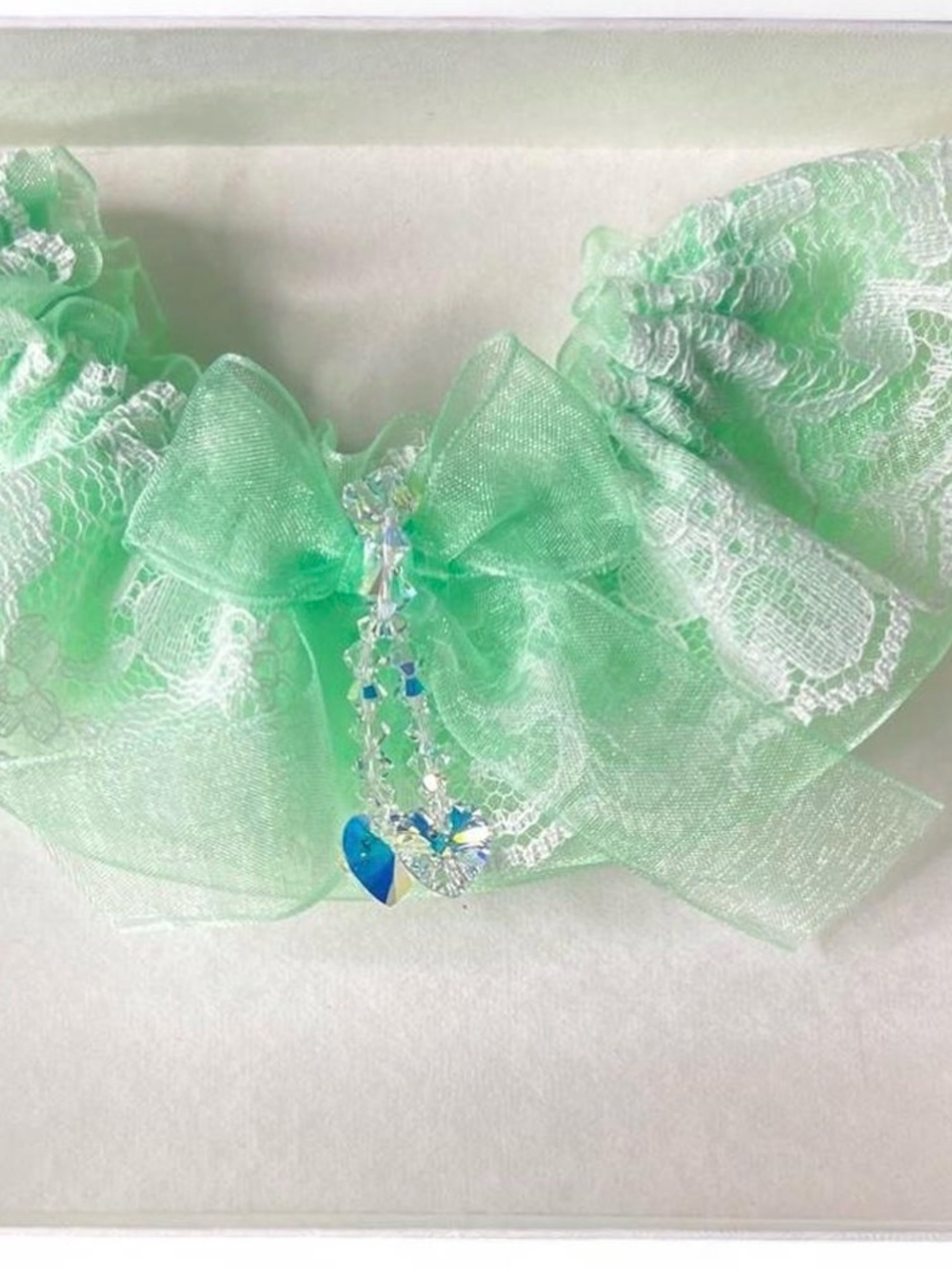 Mint Green Lace Bow Garter with Crystal Charm